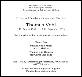 Anzeige von Thomas Vohl von Westfälische Nachrichten