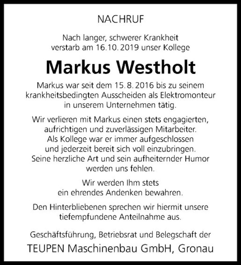  Traueranzeige für Markus Westholt vom 21.10.2019 aus Westfälische Nachrichten