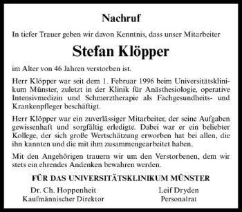 Anzeige von Stefan Klöpper von Westfälische Nachrichten