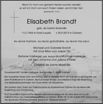 Anzeige von Elisabeth Brandt von Westfälische Nachrichten