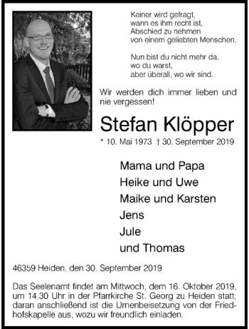 Anzeige von Stefan Klöpper von Westfälische Nachrichten