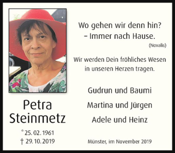 Anzeige von Petra Steinmetz von Westfälische Nachrichten