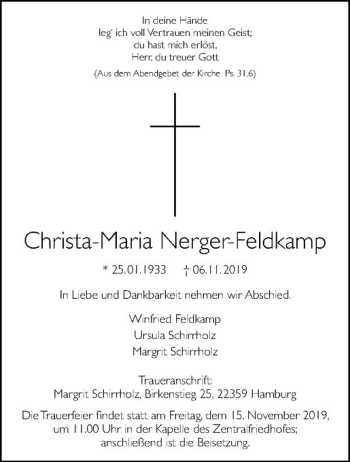 Anzeige von Christa-Maria Neger-Feldkamp von Westfälische Nachrichten