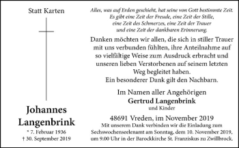 Anzeige von Johannes Langenbrink von Westfälische Nachrichten