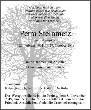 Anzeige von Petra Steinmetz von Westfälische Nachrichten