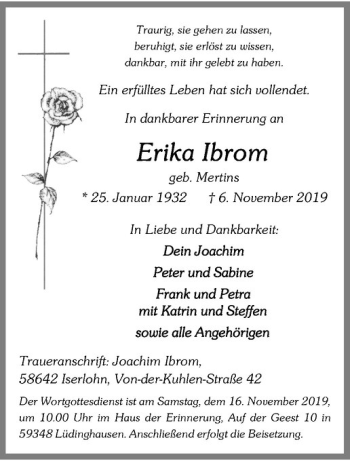 Anzeige von Erika Ibrom von Westfälische Nachrichten