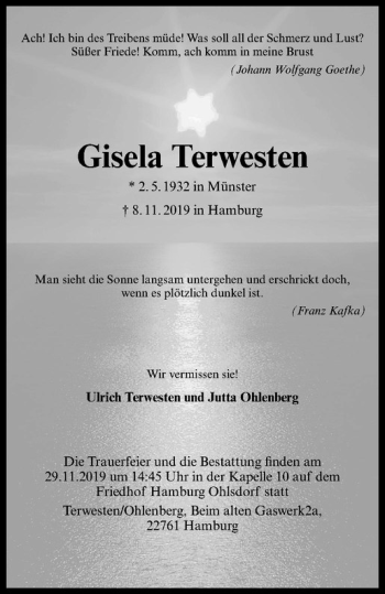 Anzeige von Gisela Terwesten von Westfälische Nachrichten