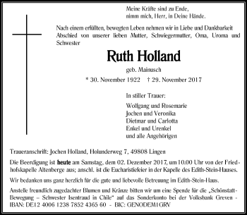 Anzeige von Ruth Holland von Westfälische Nachrichten