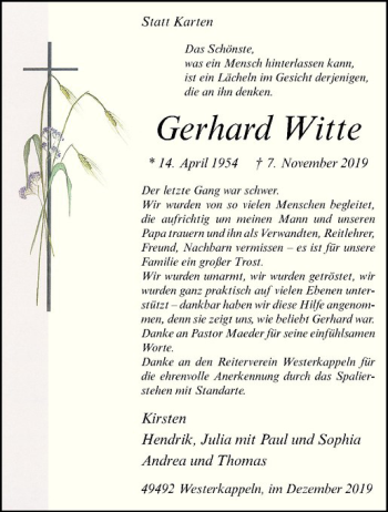 Anzeige von Gerhard Witte von Westfälische Nachrichten