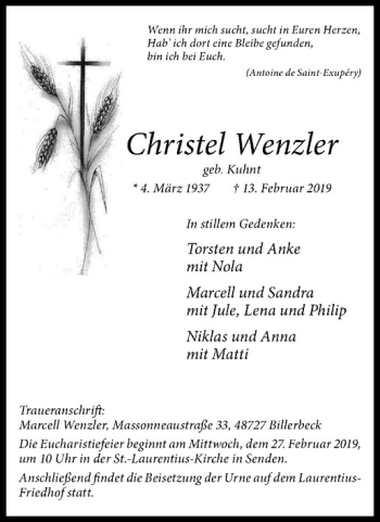 Anzeige von Christel Wenzler von Westfälische Nachrichten