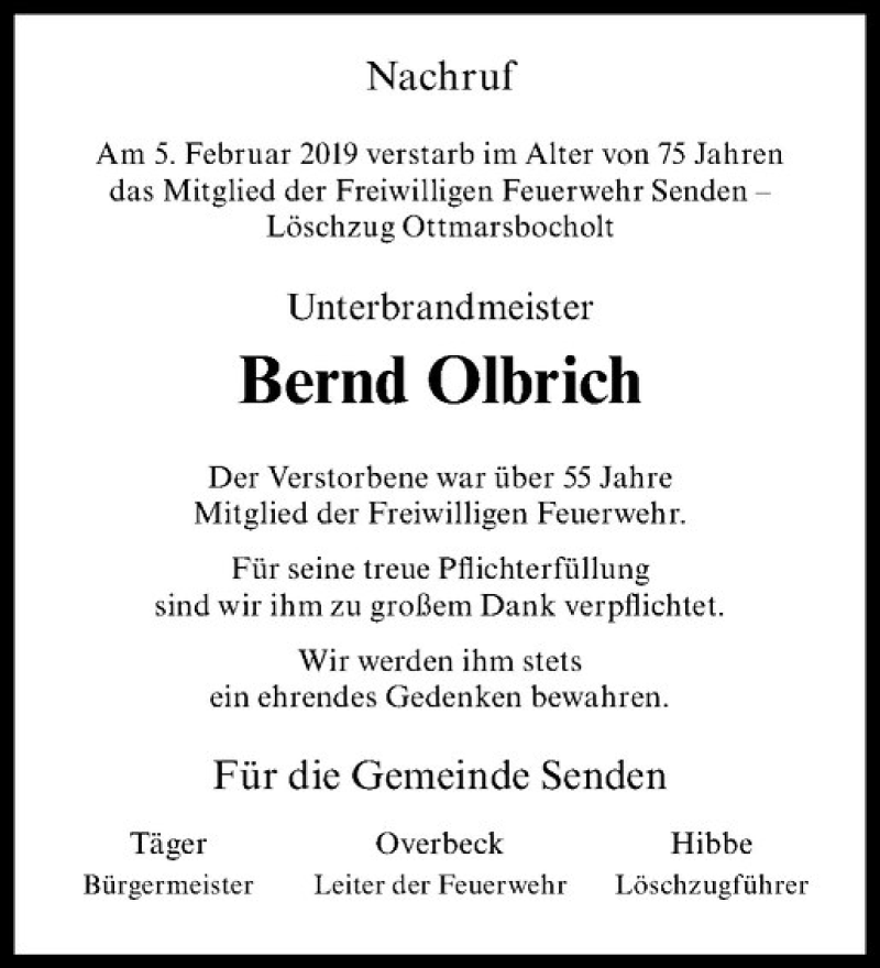 Traueranzeigen von Bernd Olbrich | www.trauer.ms