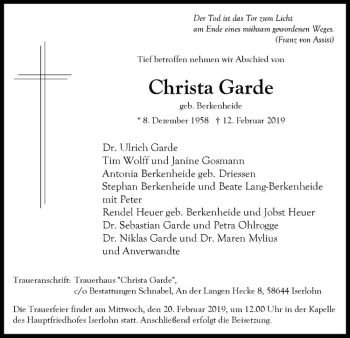 Anzeige von Christa Garde von Westfälische Nachrichten