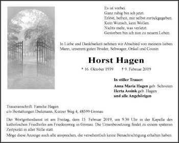 Anzeige von Horst Hagen von Westfälische Nachrichten