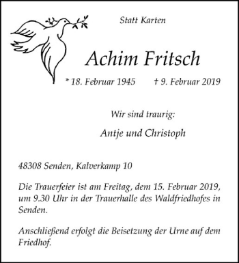 Anzeige von Achim Fritsch von Westfälische Nachrichten