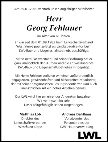 Anzeige von Georg Fehlauer von Westfälische Nachrichten