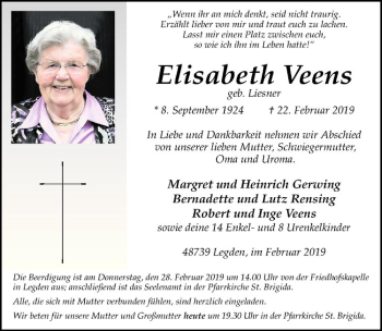 Anzeige von Elisabeth Veens von Westfälische Nachrichten