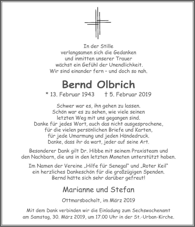 Traueranzeigen Von Bernd Olbrich 