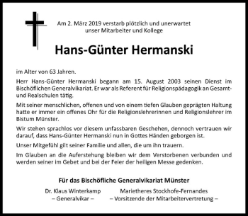 Anzeige von Hans-Günter Hermanski von Westfälische Nachrichten