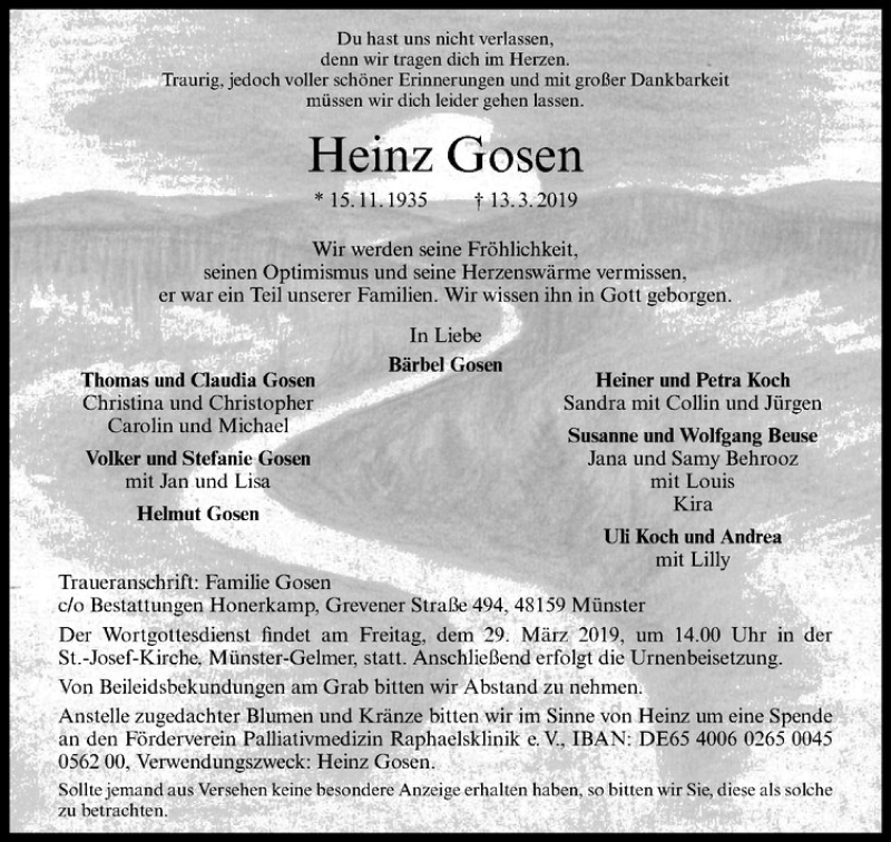  Traueranzeige für Heinz Gosen vom 20.03.2019 aus Westfälische Nachrichten