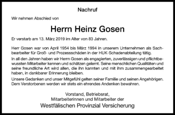 Anzeige von Heinz Gosen von Westfälische Nachrichten