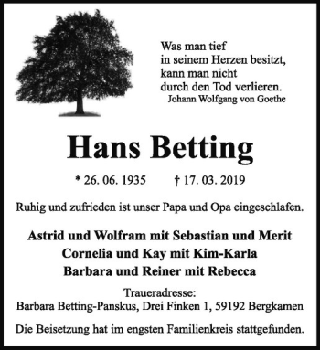 Anzeige von Hans Betting von Westfälische Nachrichten