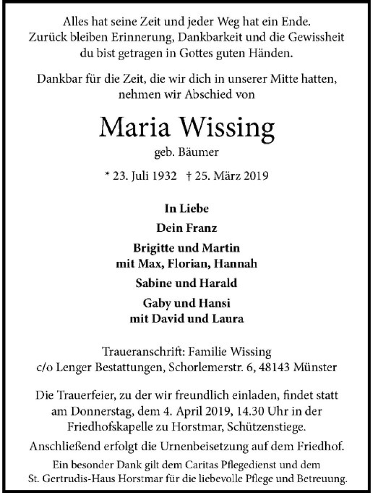  Traueranzeige für Maria Wissing vom 30.03.2019 aus Westfälische Nachrichten