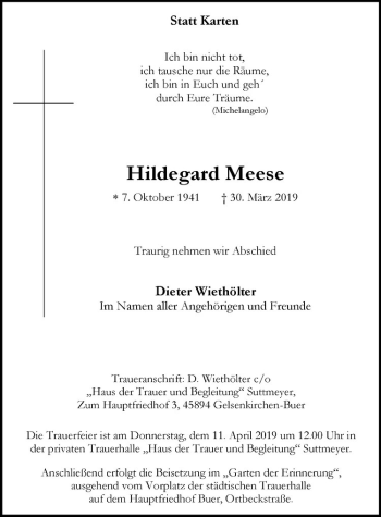 Anzeige von Hildegard Meese von Westfälische Nachrichten