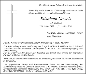 Anzeige von Elisabeth Newels von Westfälische Nachrichten