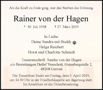 Anzeige von Rainer von der Hagen von Westfälische Nachrichten