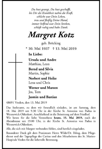 Anzeige von Margret Kotz von Westfälische Nachrichten