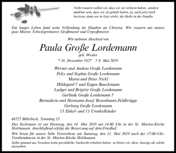 Anzeige von Paula Große Lordemann von Westfälische Nachrichten