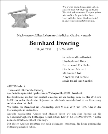 Anzeige von Bernhard Ewering von Westfälische Nachrichten