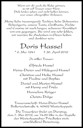 Anzeige von Doris Hassel von Westfälische Nachrichten