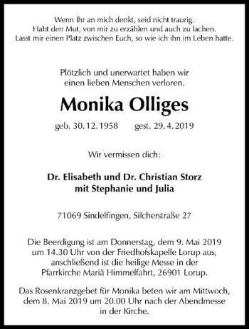 Anzeige von Monika Olliges von Westfälische Nachrichten