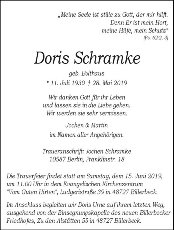 Anzeige von Doris Schramke von Westfälische Nachrichten