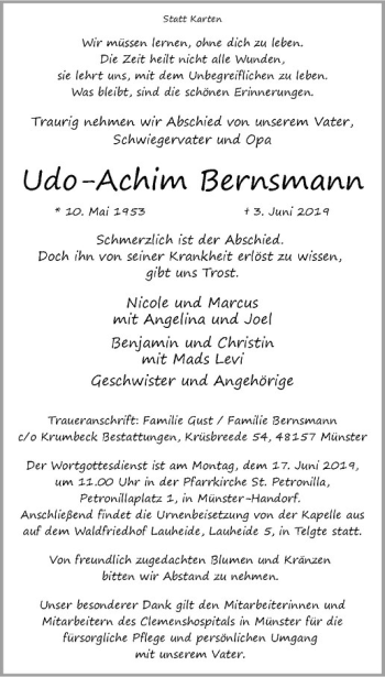 Anzeige von Udo-Achim Bernsmann von Westfälische Nachrichten