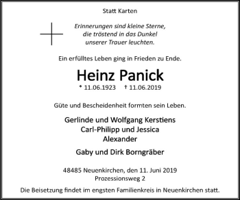 Anzeige von Heinz Panick von Westfälische Nachrichten