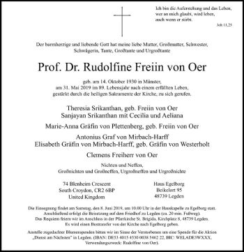 Anzeige von Rudolfine Freiin von Oer von Westfälische Nachrichten