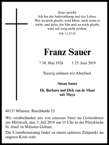 Anzeige von Franz Sauer von Westfälische Nachrichten