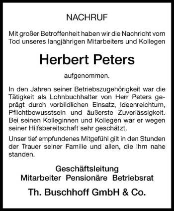 Anzeige von Herbert Peters von Westfälische Nachrichten