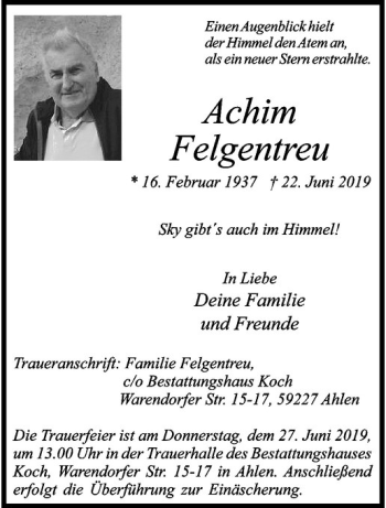 Anzeige von Achim Felgentreu von Westfälische Nachrichten