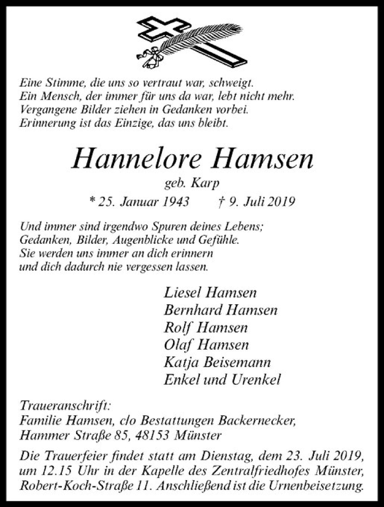  Traueranzeige für Hannelore Hamsen vom 20.07.2019 aus Westfälische Nachrichten