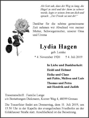 Anzeige von Lydia Hagen von Westfälische Nachrichten