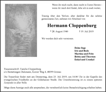 Anzeige von Hermann Cloppenburg von Westfälische Nachrichten