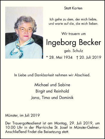 Anzeige von Ingeborg Becker von Westfälische Nachrichten