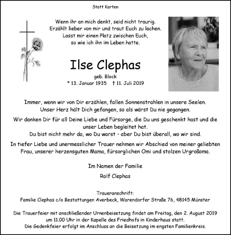  Traueranzeige für Ilse Clephas vom 27.07.2019 aus Westfälische Nachrichten