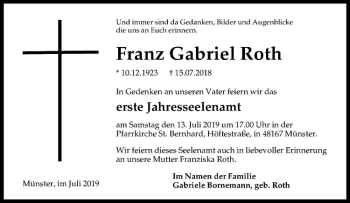 Anzeige von Franz Gabriel Roth von Westfälische Nachrichten