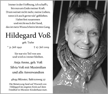 Anzeige von Hildegard Voß von Westfälische Nachrichten