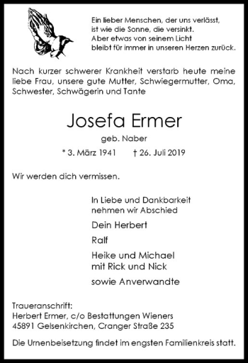 Anzeige von Josefa Ermer von Westfälische Nachrichten