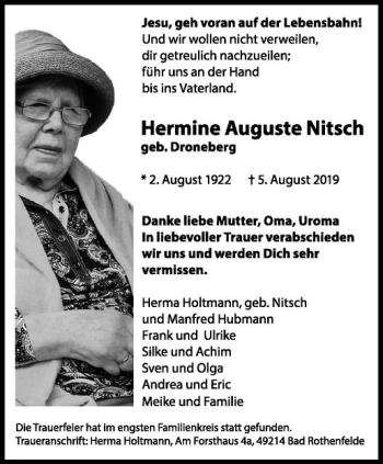 Anzeige von Hermine Auguste Nitsch von Westfälische Nachrichten